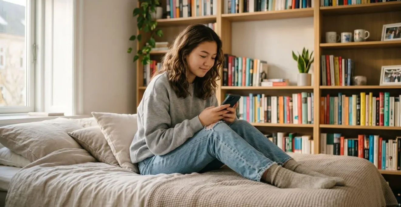 Adolescent utilisant son smartphone pour gérer son épargne dans sa chambre, expression concentrée et détendue