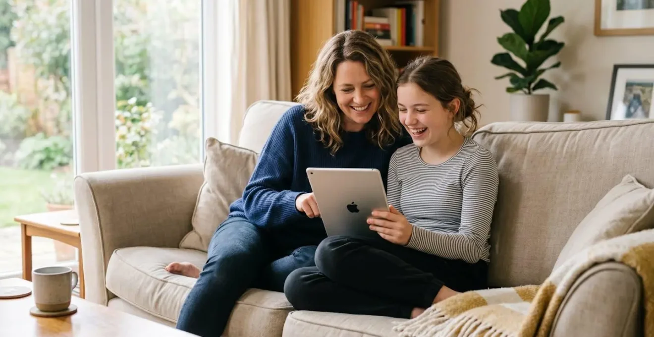 Parent et adolescent consultant ensemble un livret d'épargne sur une tablette dans un salon lumineux