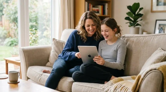 Parent et adolescent consultant ensemble un livret d'épargne sur une tablette dans un salon lumineux