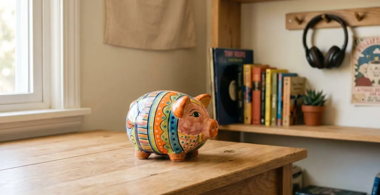 Tirelire colorée posée sur une table en bois dans une chambre d'enfant, lumière naturelle douce